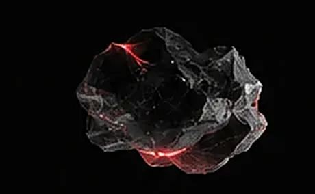 Abstract red data particles forming an intelligent network against a dark background.