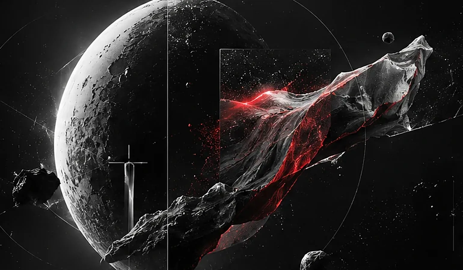 Abstract planetary surface with a sculptural object crossed by red light, representing technology moving into the physical world.